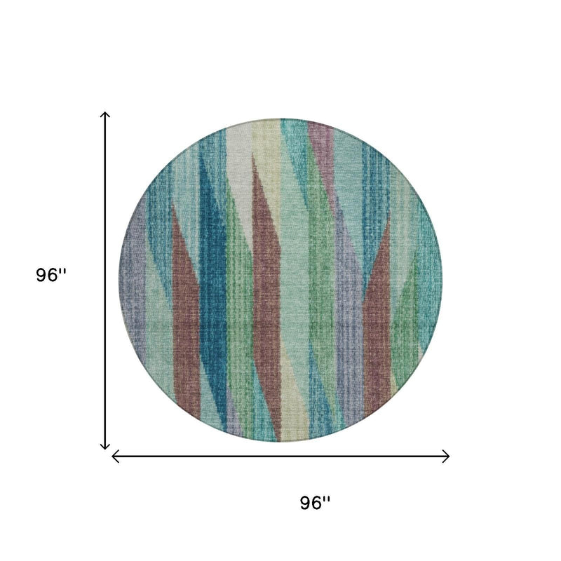 Round rug, 96 in diameter, vertical stripes in teal, turquoise, green, and brown
