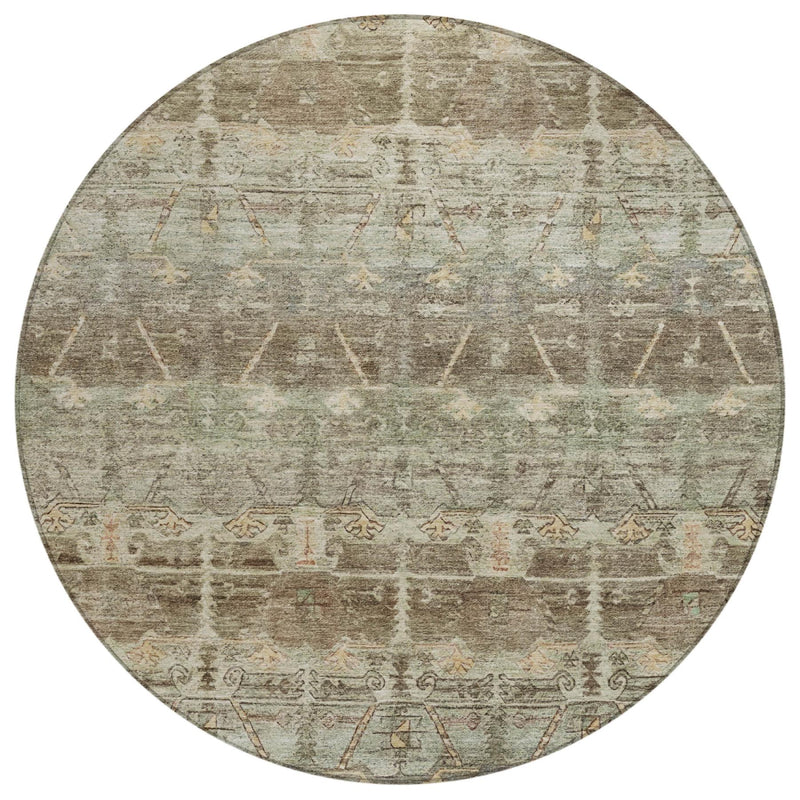 Round area rug with vintage tribal pattern banding in beige, gray, and dark brown