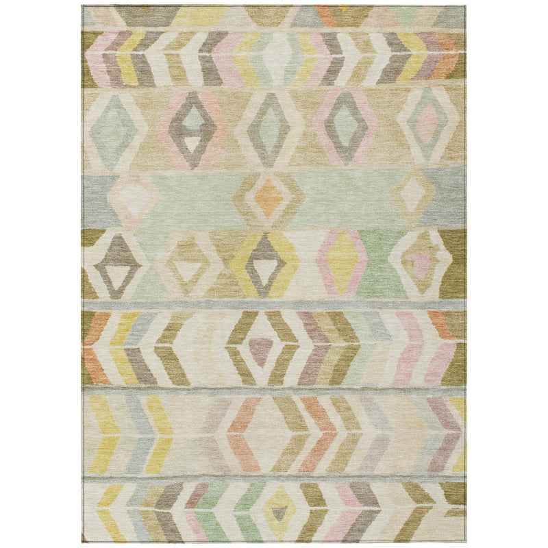 Rectangular tribal area rug with multicolor diamond and chevron pattern