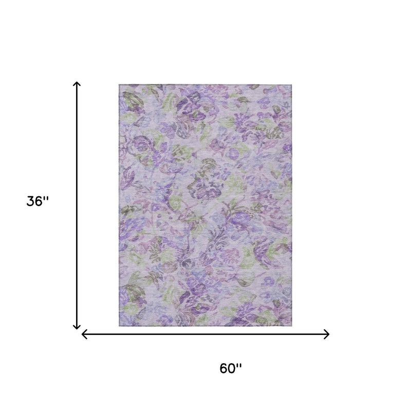 3 ft x 5 ft floral area rug, lavender purple and green pattern with border