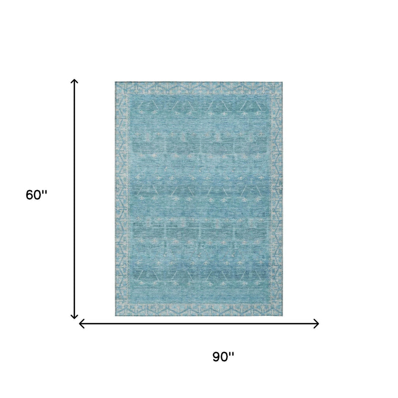 Blue and teal tribal area rug, 90 in by 60 in rectangular size illustration.