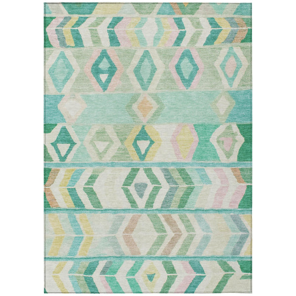 Turquoise and teal tribal area rug with geometric diamond and arrow pattern