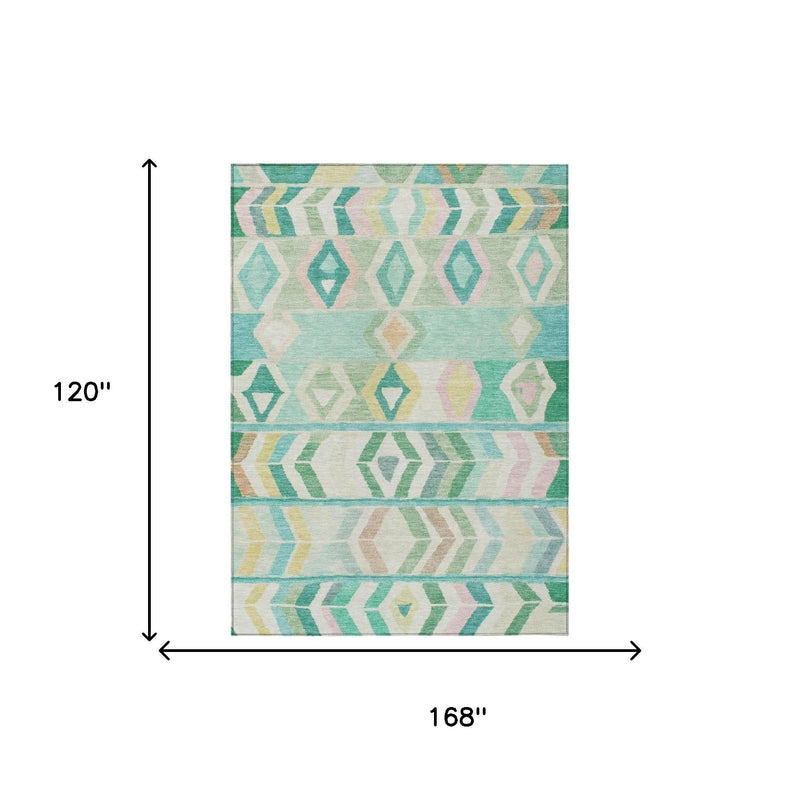 Turquoise and teal tribal area rug with geometric pattern, shown with size dimensions