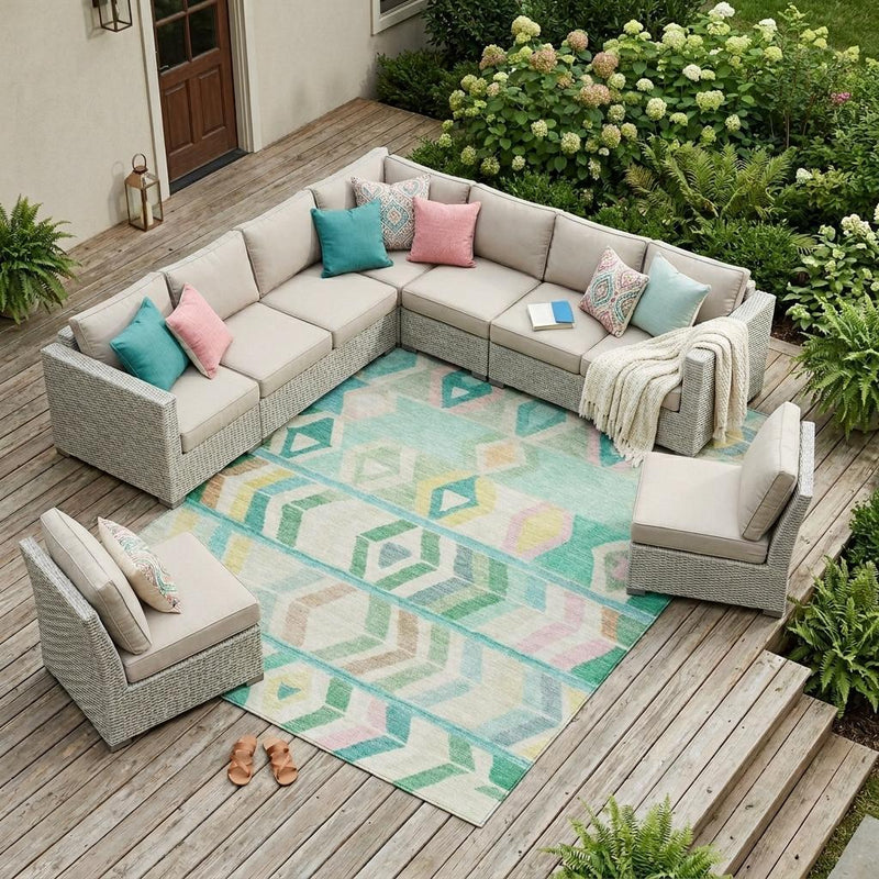 Turquoise and teal tribal outdoor area rug with geometric diamond and chevron pattern