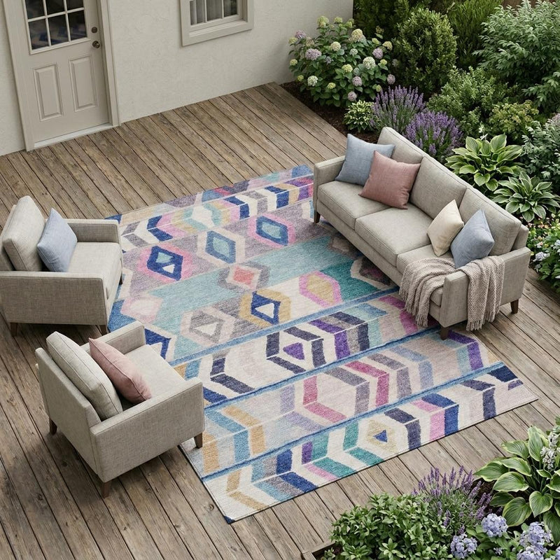 Multicolor tribal area rug on outdoor wooden deck with matching geometric pattern