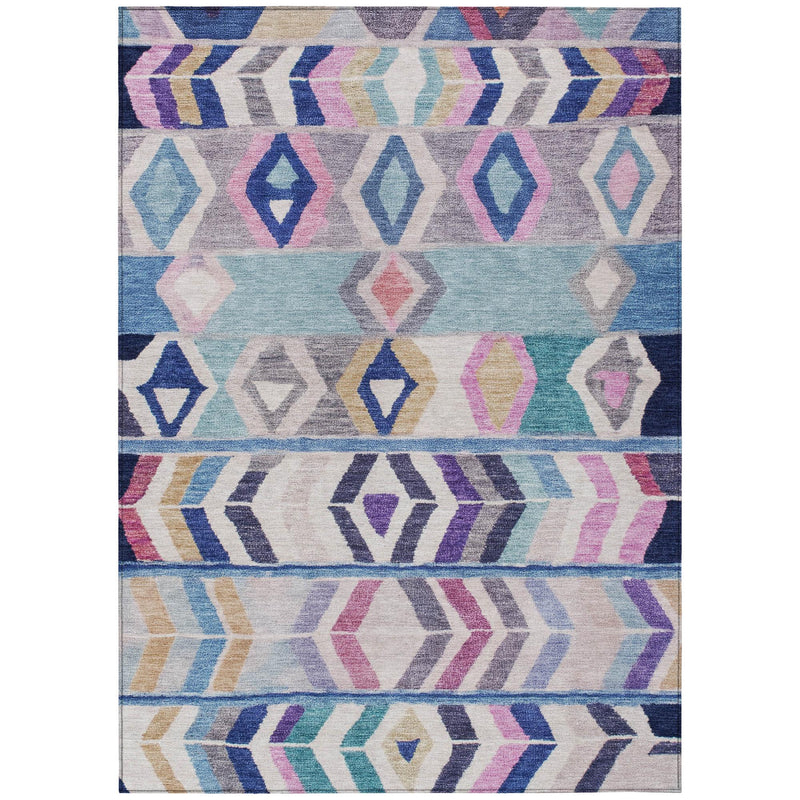 Multicolor tribal area rug featuring blue and silver chevrons, diamonds, and border stripes