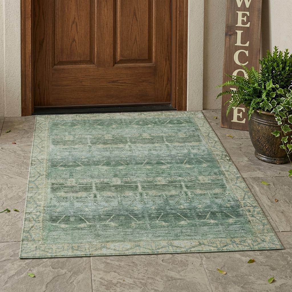 3' X 5' Fern Green And Green Tribal Washable Indoor Outdoor Area Rug - Outdoor | blocked-missing-media,…
