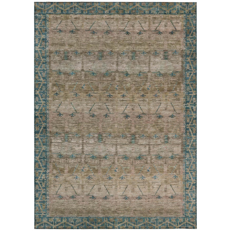 Rectangular taupe area rug with repeating teal tribal linework and patterned edge border