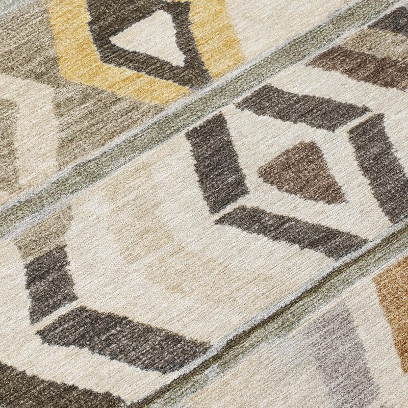 Tribal pattern indoor/outdoor area rug with beige, gray, charcoal, and mustard blocks