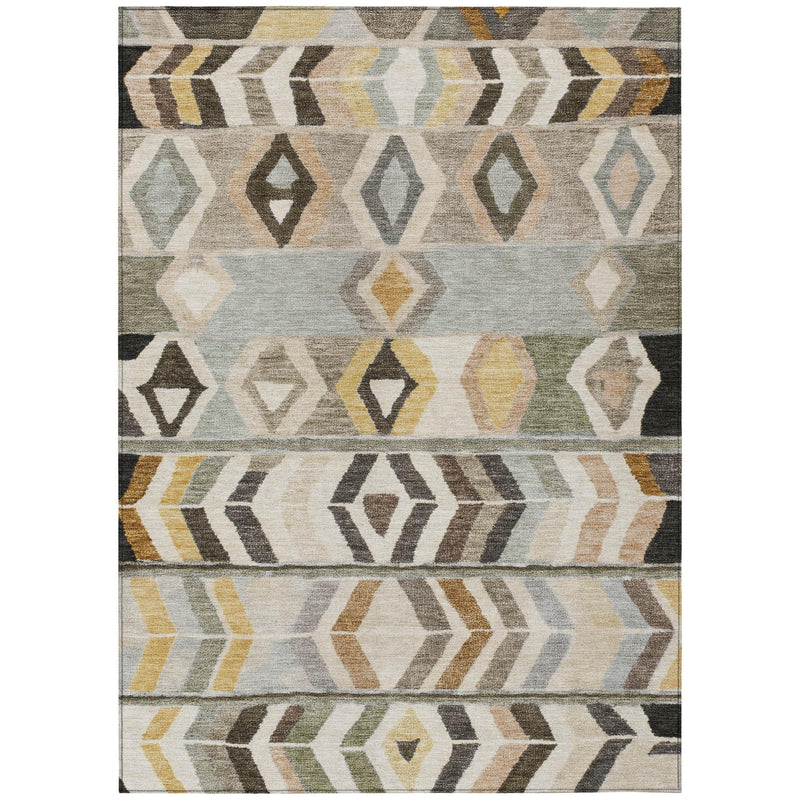 Rectangular tribal area rug with geometric motifs in beige, gray, black, and gold
