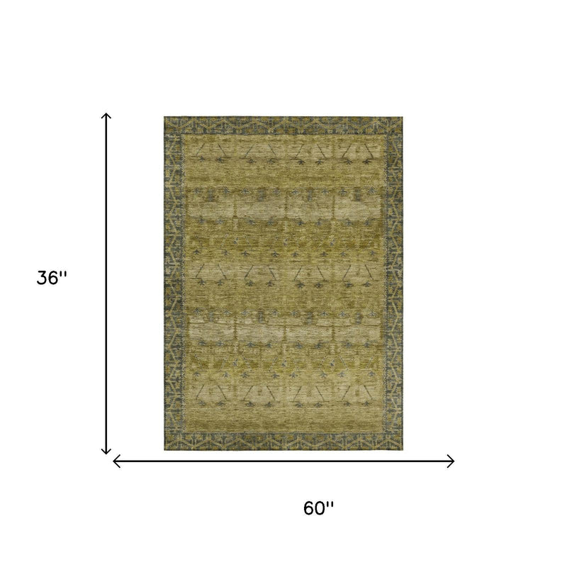 3x5 tribal area rug diagram, olive center with blue patterned border