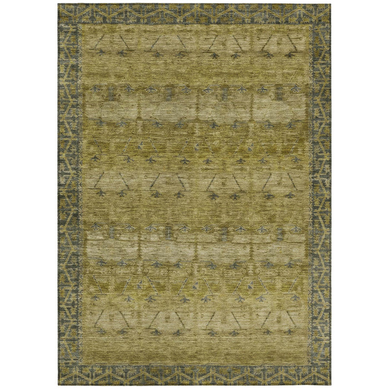 Tribal area rug with olive wash finish and blue geometric motif pattern, bordered