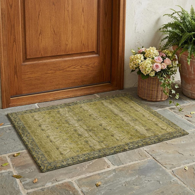Tribal area rug on outdoor floor, olive wash with blue bordered geometric pattern