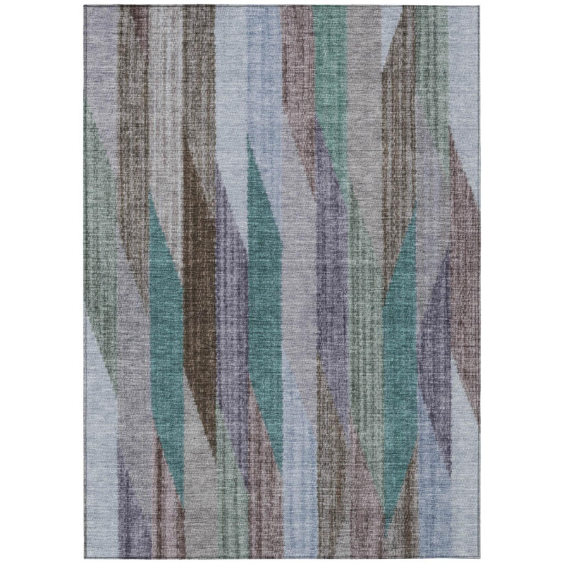 Striped area rug with multicolor vertical wave bands in gray, brown, teal, and blue