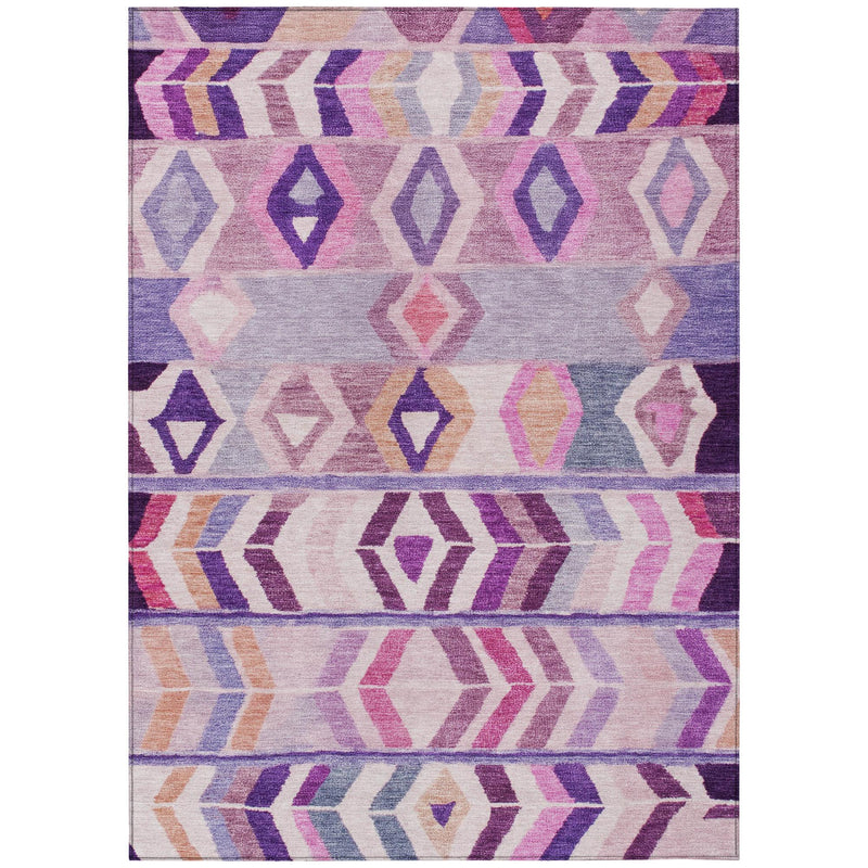 Purple and lavender geometric tribal area rug with layered horizontal bands