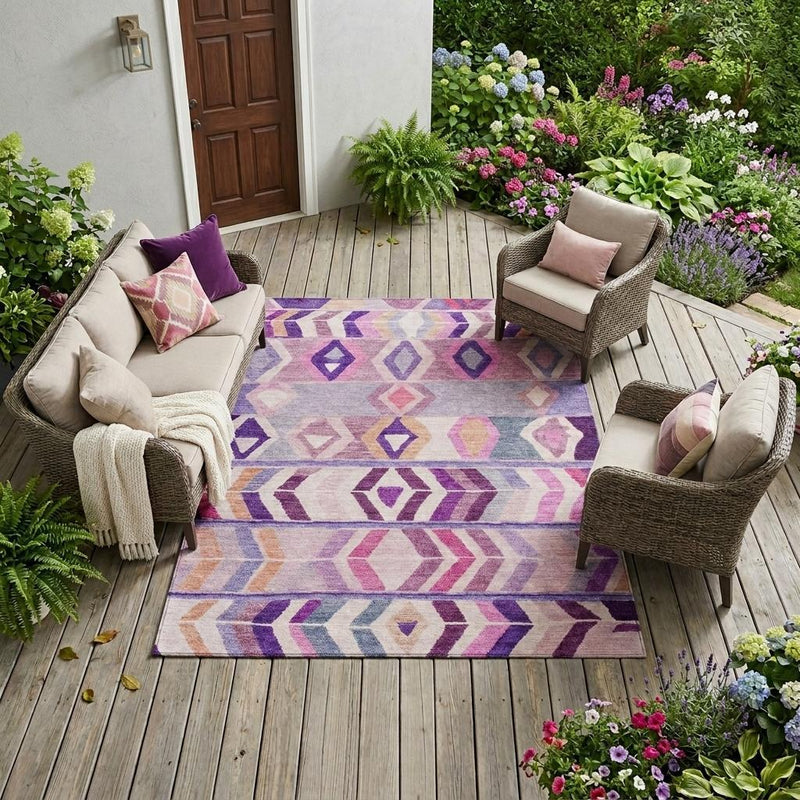 Purple and lavender tribal area rug in an outdoor patio setting with seating