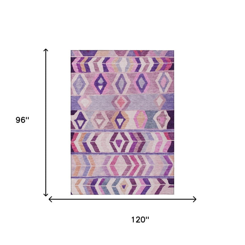 Purple and lavender tribal area rug shown with size markings: 120 in by 96 in