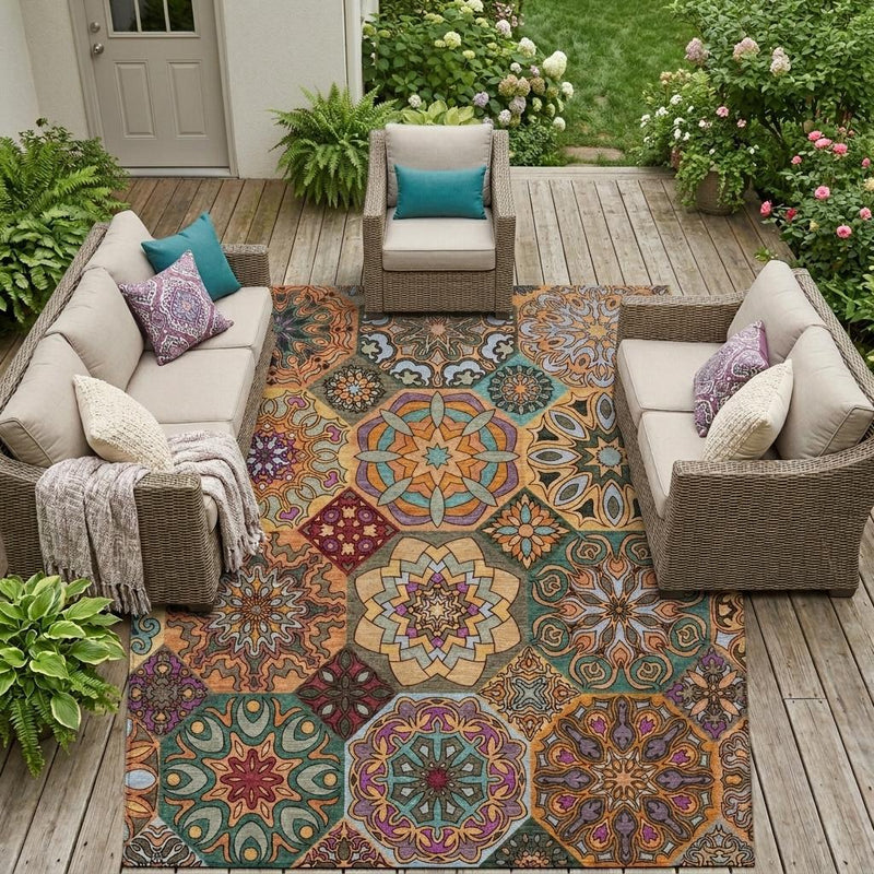 Rectangular patchwork area rug with ornate geometric patterns in orange, rust, teal, and purple