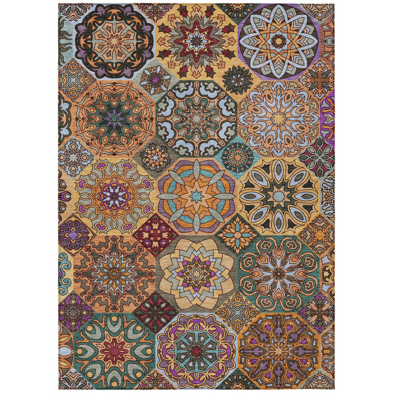 Washable patchwork area rug with dense multicolor medallion pattern in orange and teal
