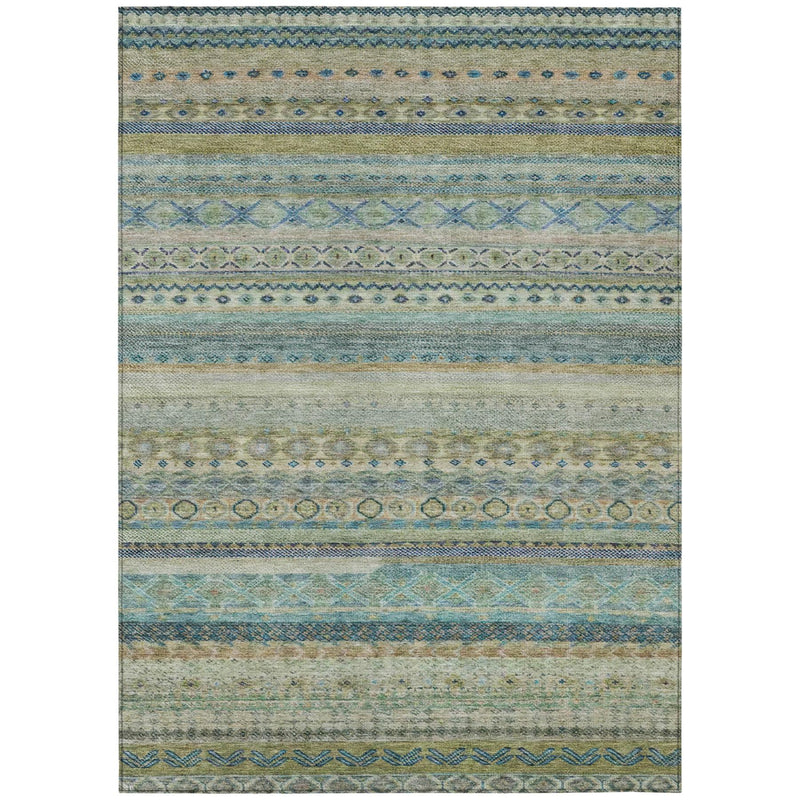 Striped area rug with teal, blue, gray, and beige horizontal bands and motifs