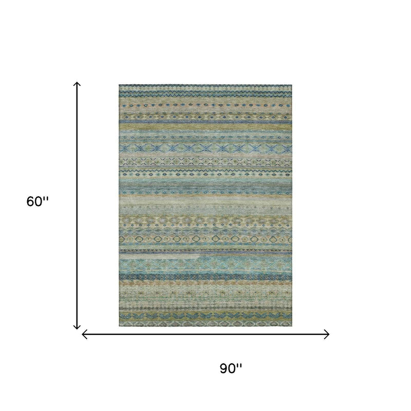Striped indoor outdoor area rug with blue, gray, and green woven bands