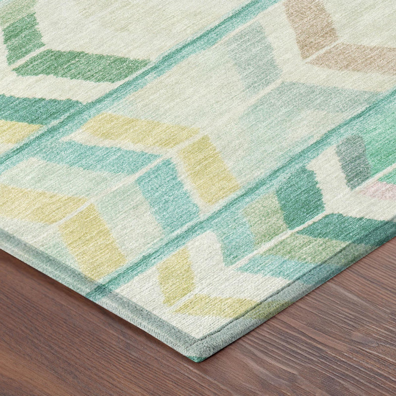 Turquoise and teal tribal geometric area rug with cream base and multicolor shapes