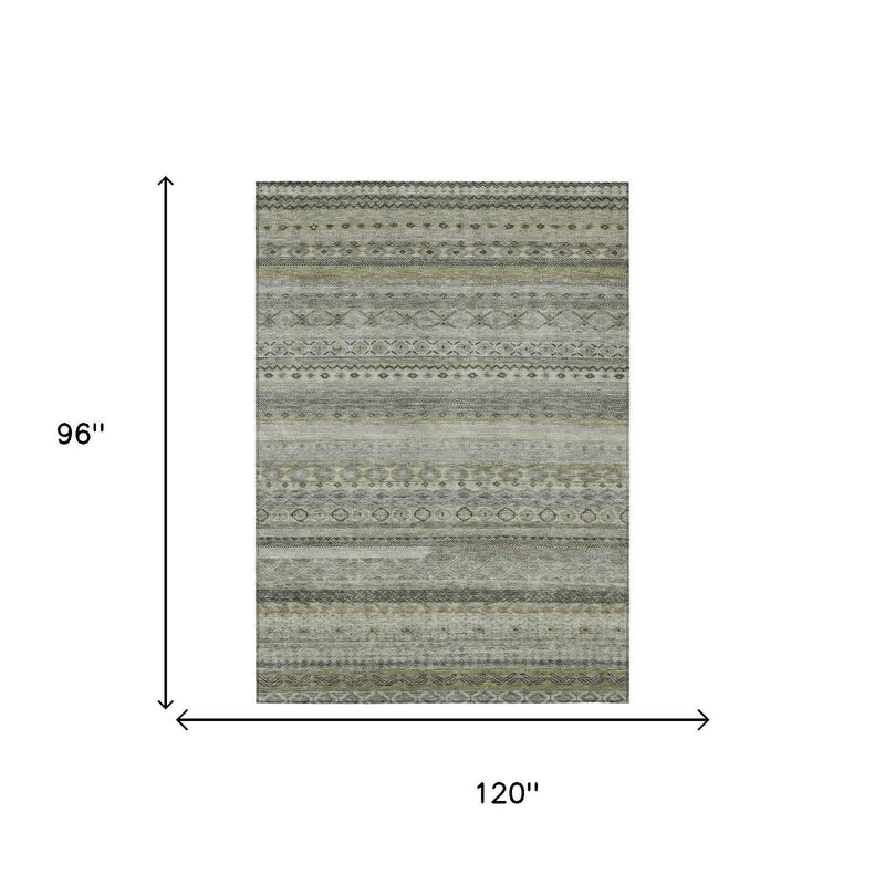Gray and pewter striped washable area rug with decorative horizontal bands
