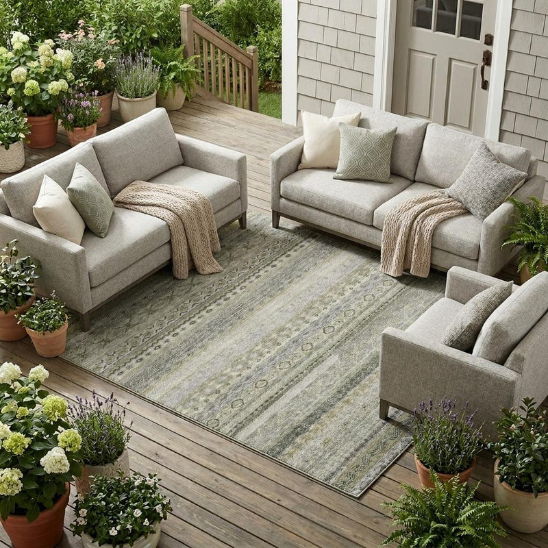 Gray and pewter striped indoor outdoor area rug displayed on a patio