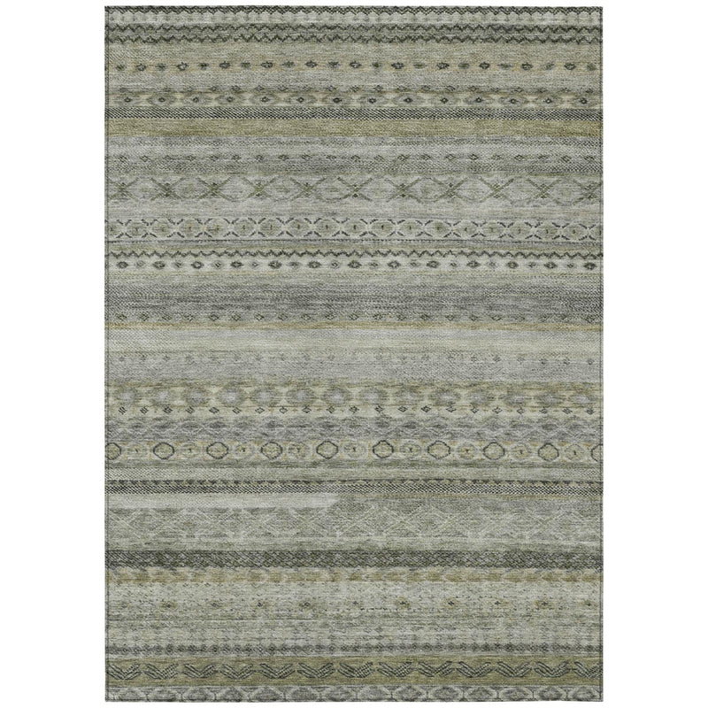 Gray and pewter striped washable area rug with horizontal geometric border detail