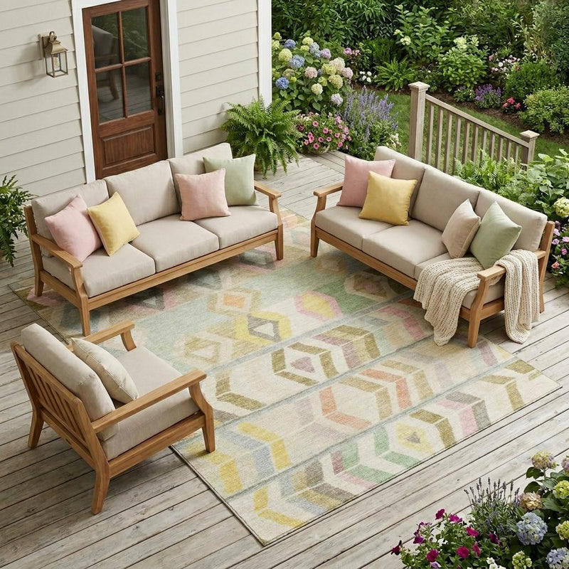 Tribal indoor-outdoor area rug with multicolor diamond and chevron pattern on deck