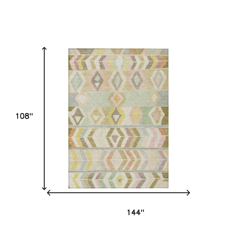 Rectangular rug size 144 in by 108 in, muted khaki tribal pattern