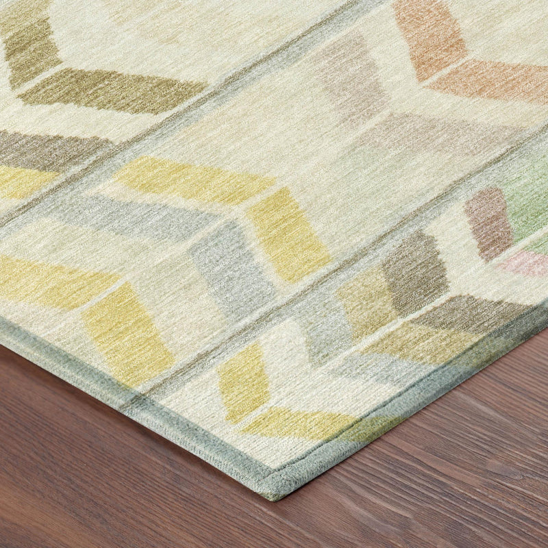 Corner view of multicolor tribal rug with light cream base and muted pastel shapes