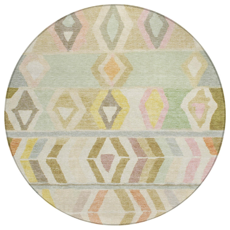 Round area rug featuring pastel tribal diamond motifs with horizontal band near center