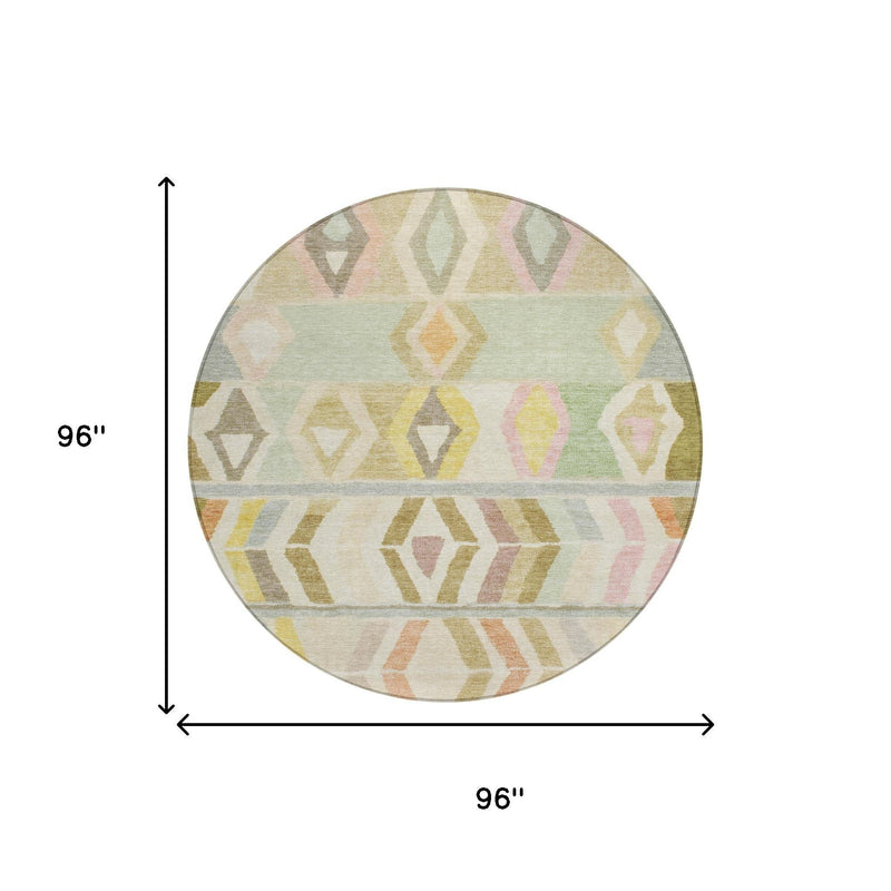 Round area rug dimensions shown: 96 in by 96 in, pastel tribal diamond pattern