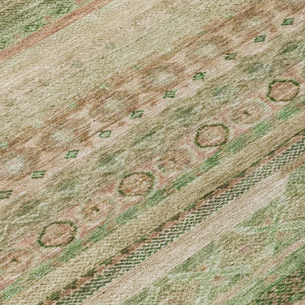 Striped area rug with textured loops in green, rust, and cream