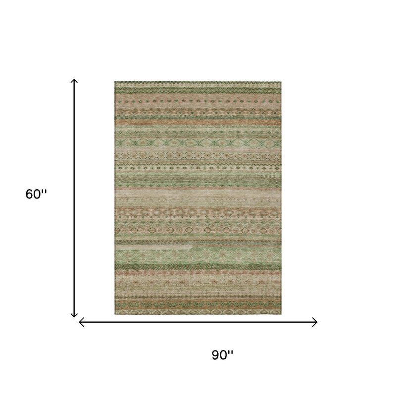 Rectangular striped area rug, 5 ft x 8 ft, green and cream with copper-orange bands