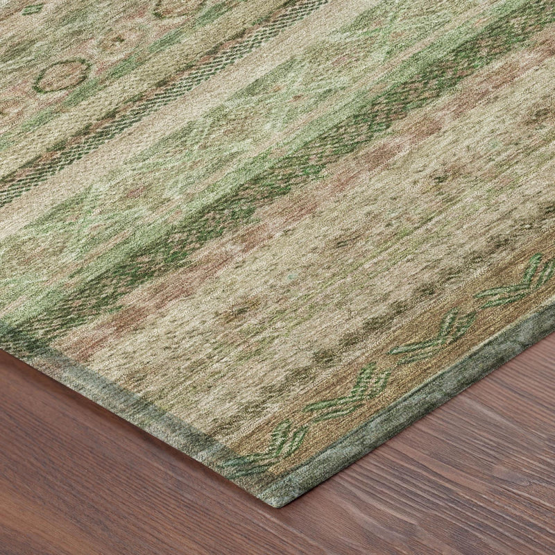 Green and cream striped indoor-outdoor rug with orange-rust accents