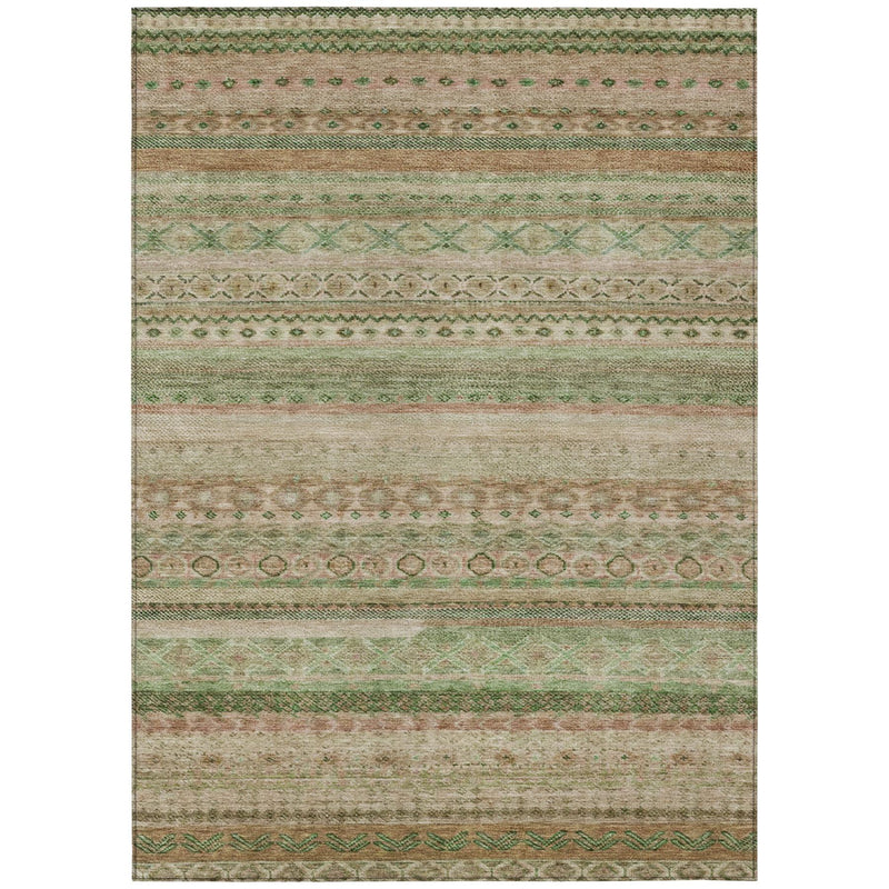 Full view striped area rug with green and cream horizontal bands and rust accents