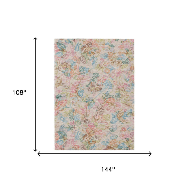 Rectangular floral area rug, cream with pink and blue botanical pattern; 9x12 ft