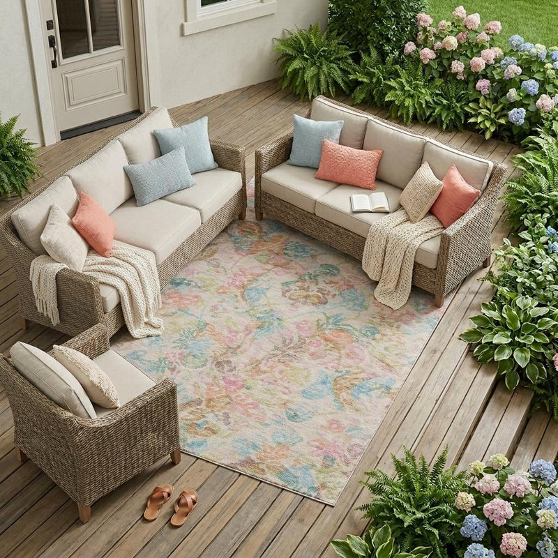 Floral area rug in cream with pink, blue, and tan distressed botanical motifs