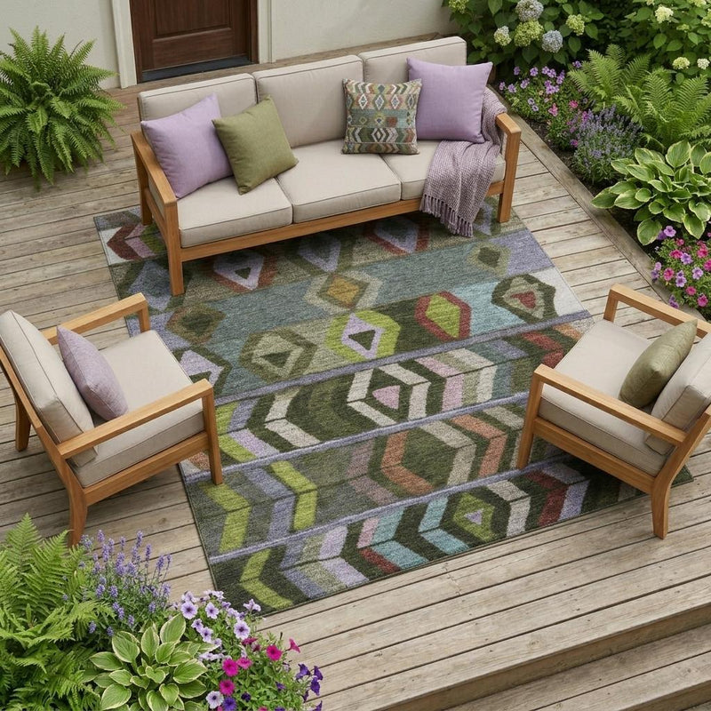 Geometric tribal area rug with olive green, blue, and purple accents, multicolor