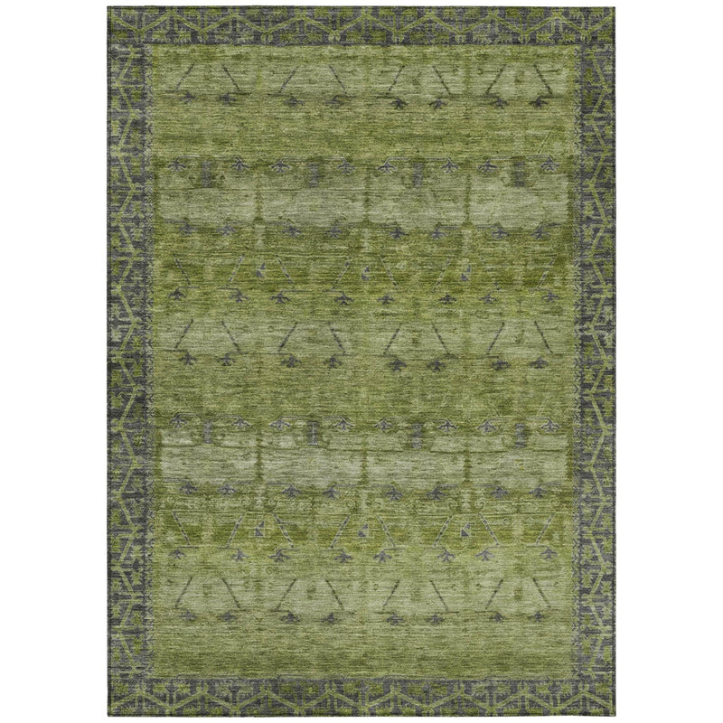 Olive green tribal area rug with distressed allover pattern and dark decorative border