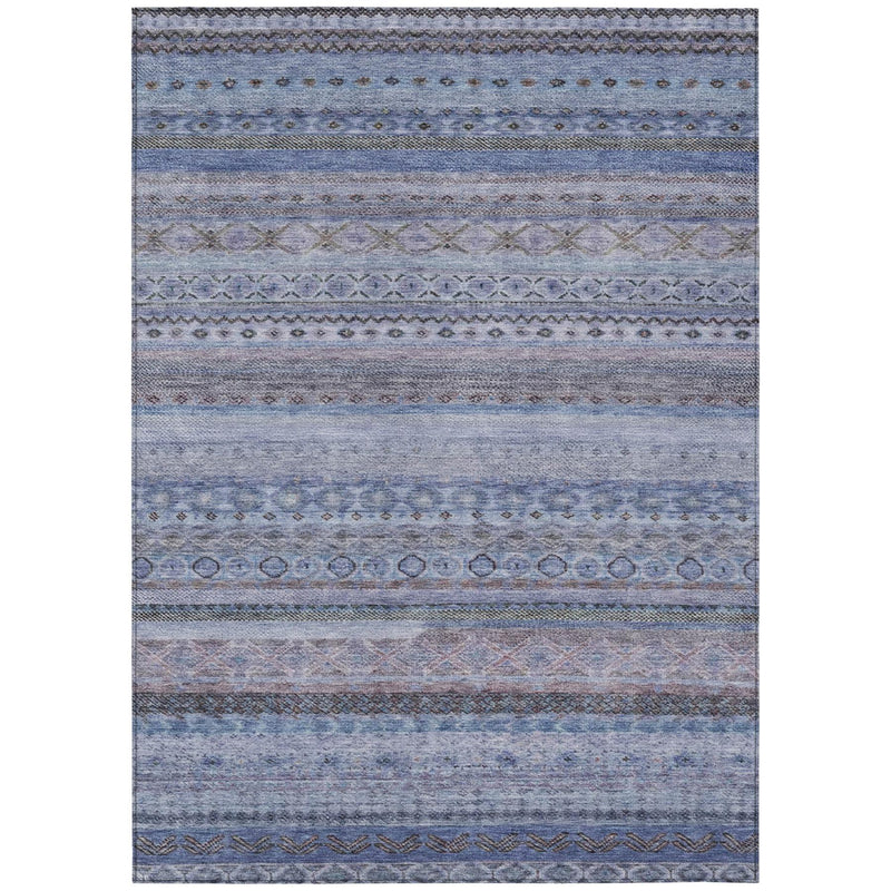 Full blue and lilac striped washable indoor/outdoor area rug on white background