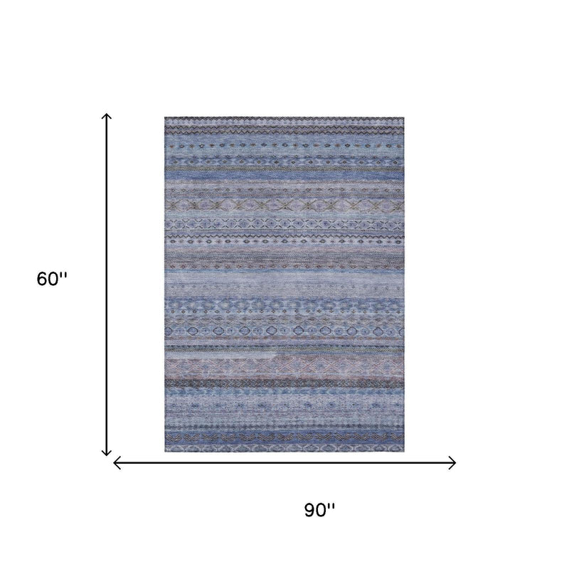 Blue and lilac striped area rug size diagram: 90 in wide by 60 in long