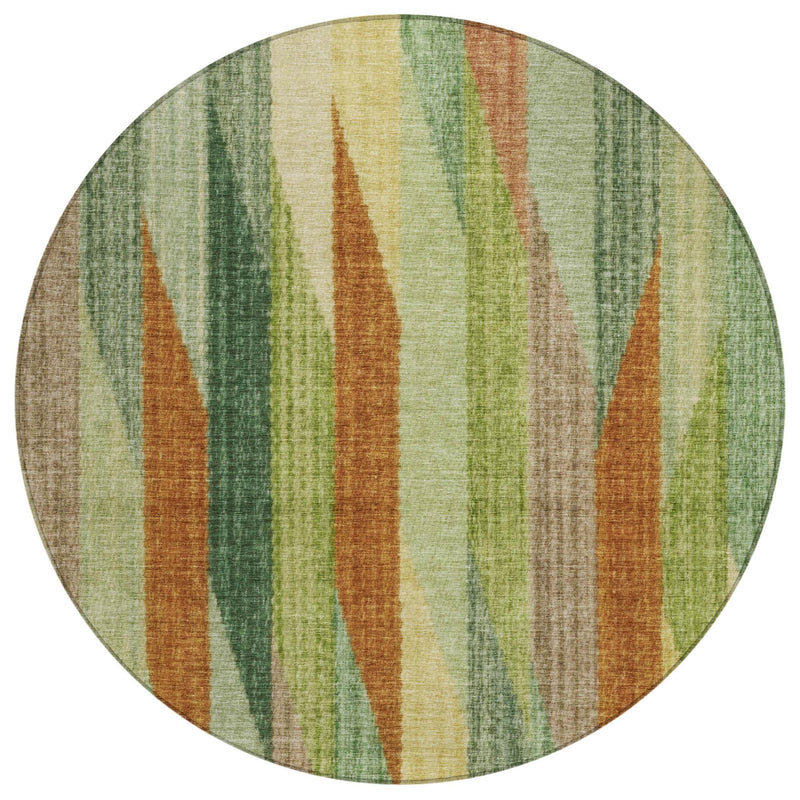 Round area rug with green and brown vertical stripe pattern, cream base