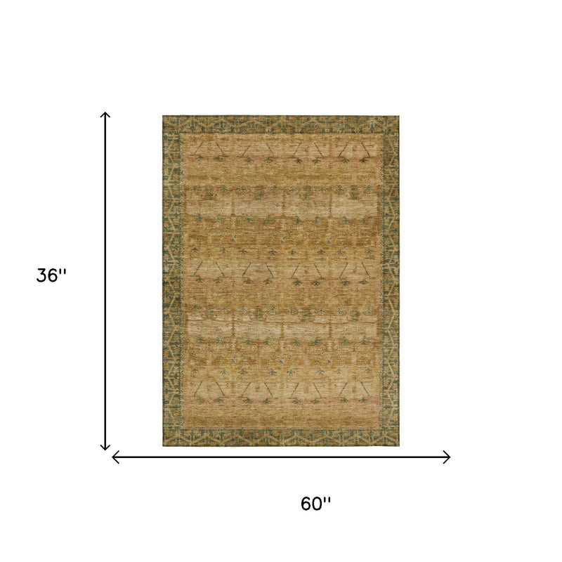 3 ft x 5 ft area rug, beige center with teal tribal trim