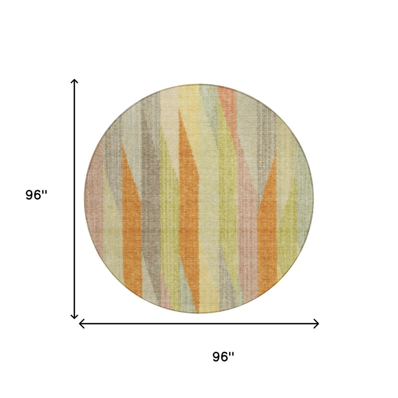 Round area rug, 96-inch size, multicolor vertical stripes with textured light background.