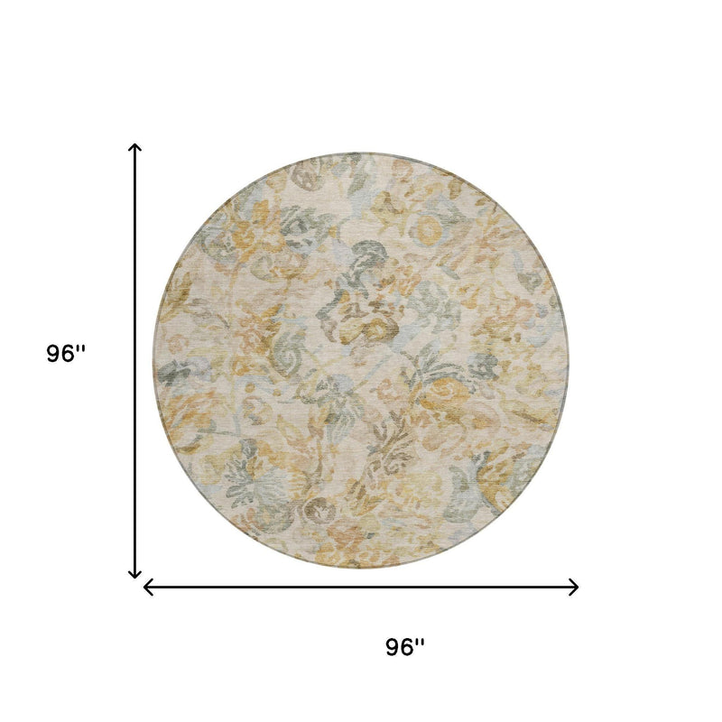Round area rug, 96 in diameter, cream floral pattern with gold and blue-gray details