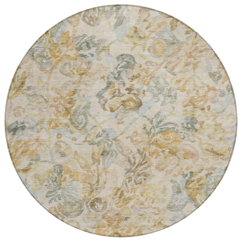 Round rug with cream floral and vine pattern in gold and muted gray-blue tones