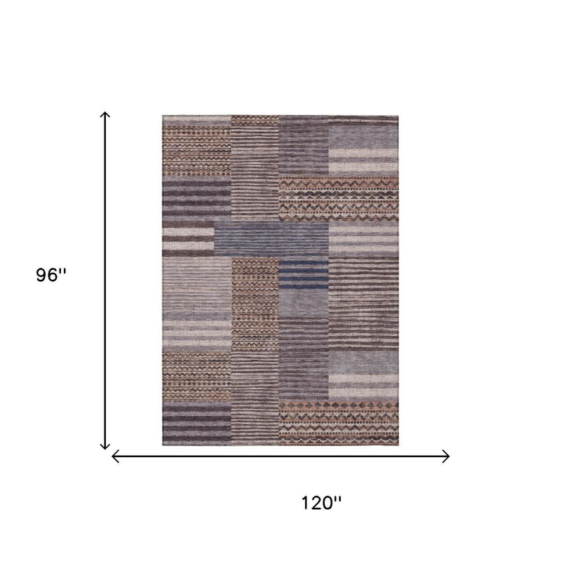 120 x 96 in washable indoor/outdoor area rug, gray and brown patchwork stripes